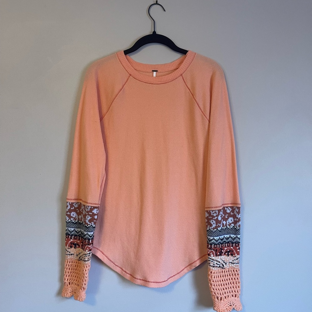 Free People Peach Long Sleeve Top with Patterned Sleeves| Size Large